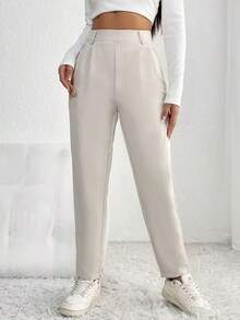 Pantalones zanahoria unicolor con fruncido - Albaricoque - Ver 1