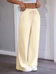 Pantalones de chándal de mujer de punto de unicolor, cómodos y casuales con pierna ancha - Albaricoque - Ver 5