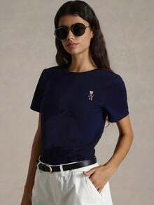Camiseta Casual Ajustada de Cuello Redondo y Manga Corta para Mujer , Ideal para el Verano - Azul Marino - Ver 5