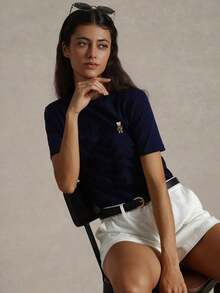 Camiseta Casual Ajustada de Cuello Redondo y Manga Corta para Mujer , Ideal para el Verano - Azul Marino - Ver 6