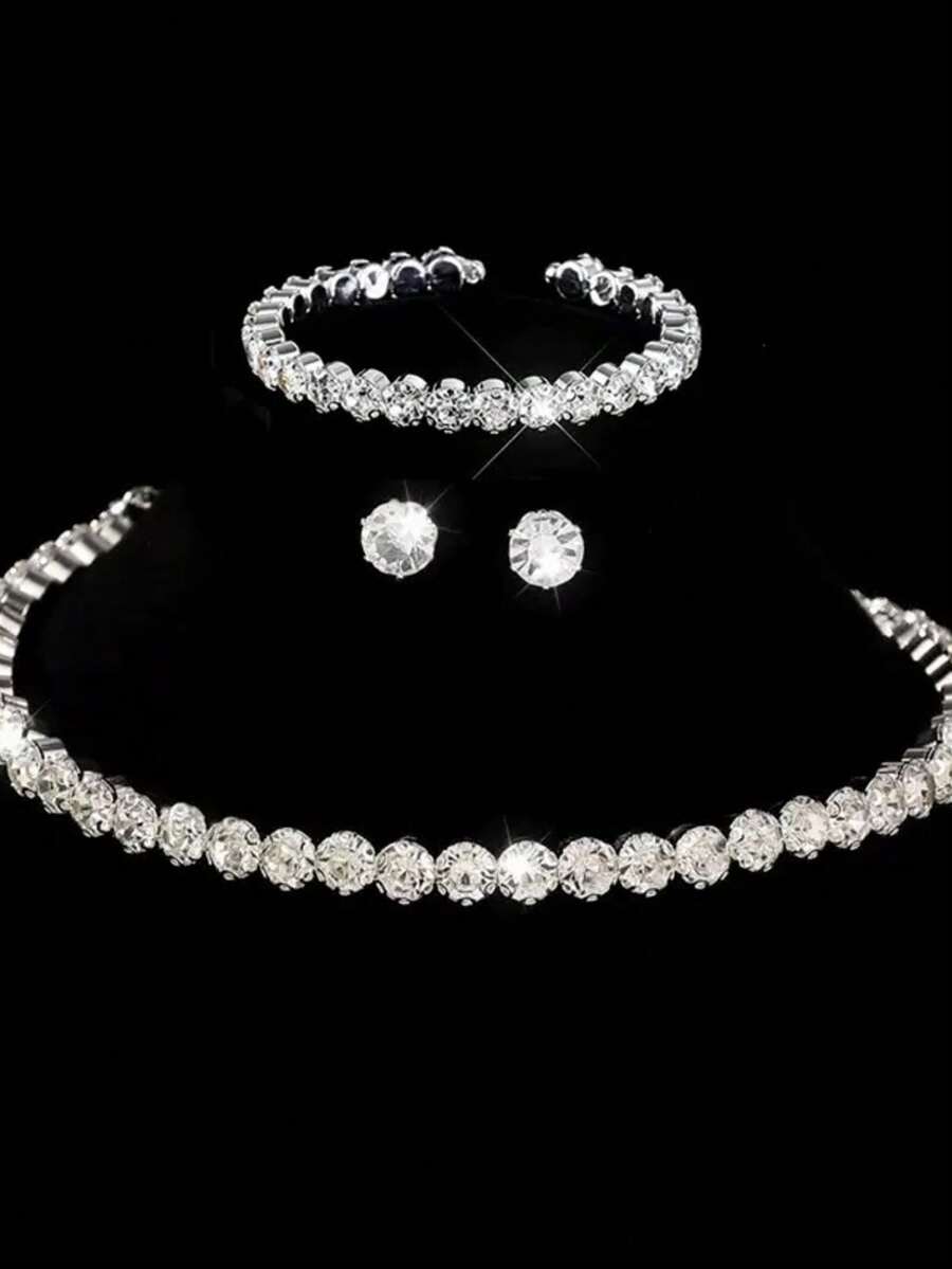 Bộ trang sức cưới và đính hôn cao cấp dành cho nữ, gồm 1 vòng tay, 1 dây chuyền và 1 đôi bông tai đính kim cương lấp lánh. - Bạc - Xem 1