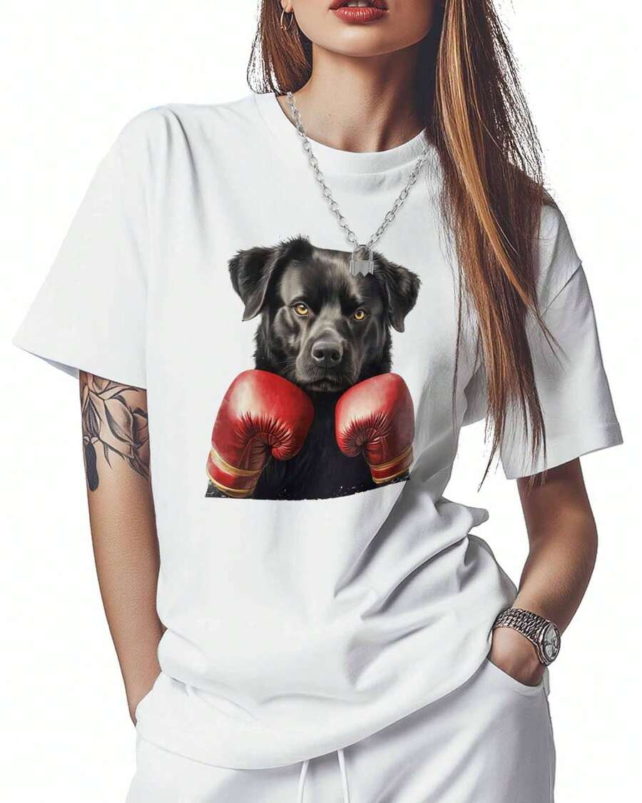 Women's Short Sleeve Cotton Crew Neck T-Shirts, Funny Black Boxer Dog Print T-Shirts, Casual Basic T-Shirts, Sizes XS-5XL, White XS - 白色 - 查看 1