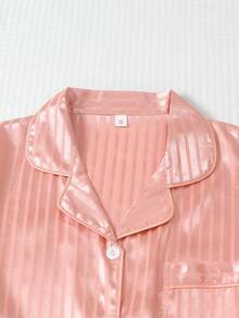 2pcs White Striped Satin Short Sleeve Collared Top And Bow Shorts Pajama Set For Women, Spring/Summer - Coral Orange - View 3