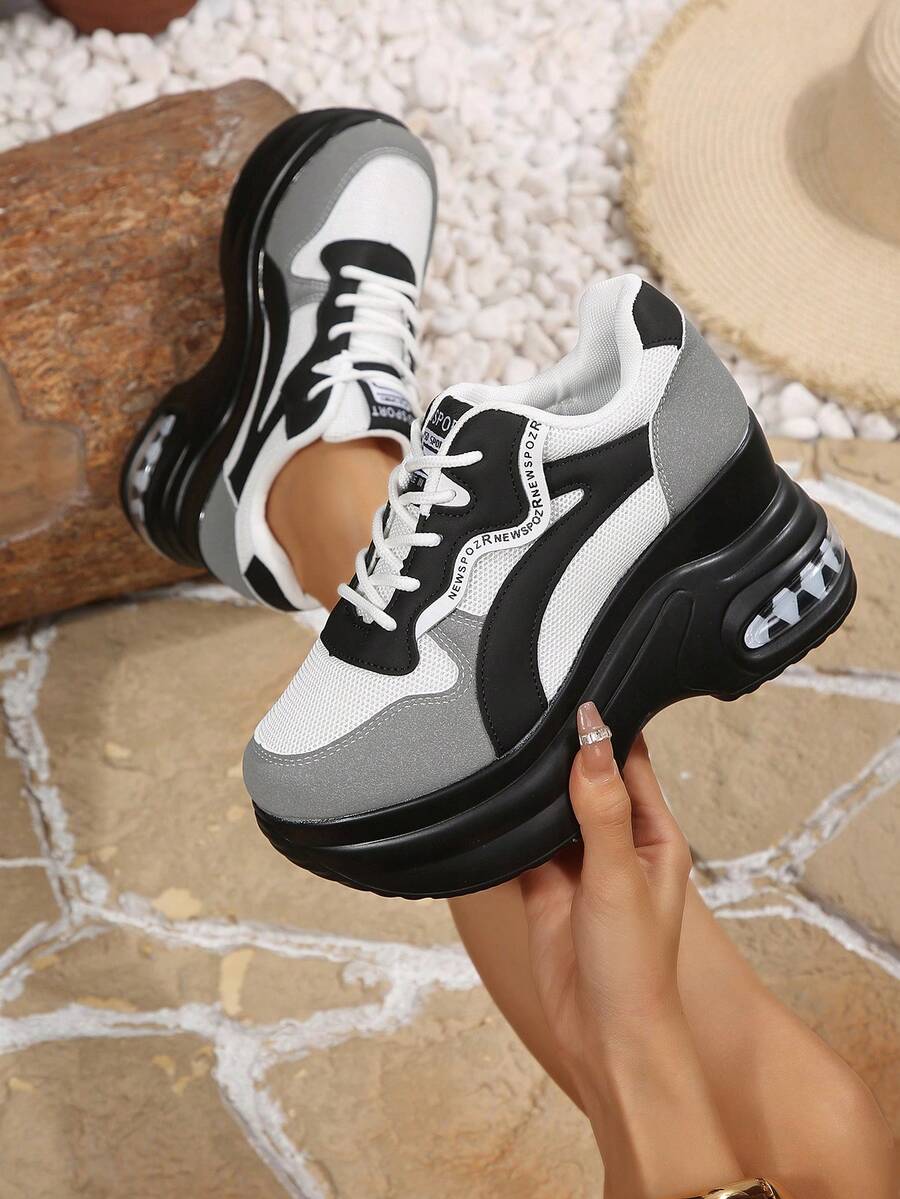 Women's Platform Sneakers, Color Block, Lightweight Breathable Mesh, Lace-Up Casual Shoes, Suitable For Spring And Autumn - Grey - View 1