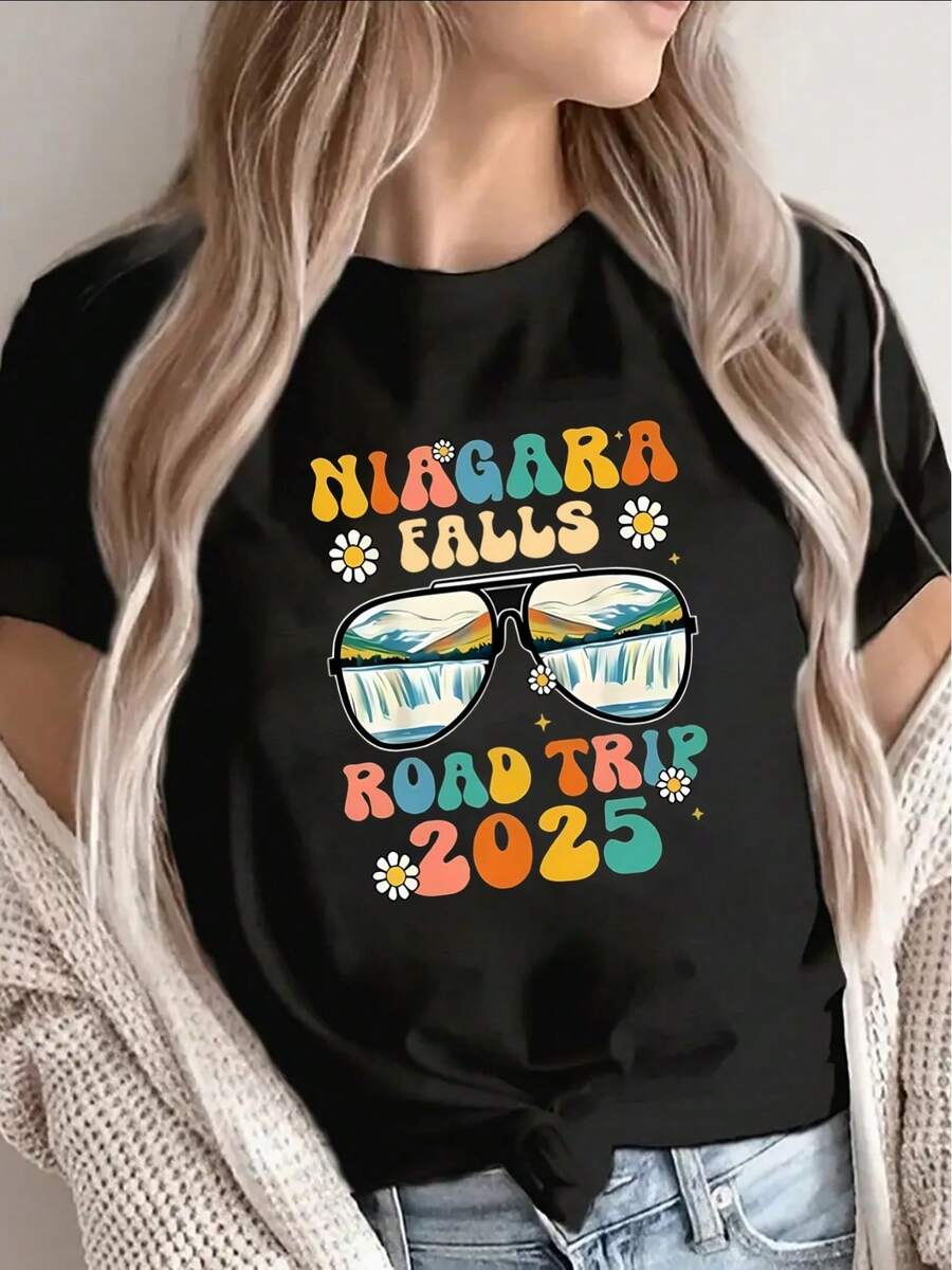 Women's Short-Sleeved Black T-Shirt For The 2025 Niagara Falls Trip, Designed With A Fun Sunglasses Print. Lightweight And Durable, Perfect For Travel And Casual Outdoor Wear, 100% Pure Cotton. - 黑色 - 查看 1