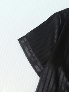 女士白色条纹缎面短袖翻领上衣和蝴蝶结短裤睡衣套装，2件套，春夏款 - 黑色 - 查看 4