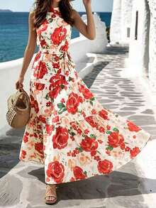 xheBreezaya Vestido largo con estampado de lunares, volantes en el bajo y cinturón para mujerxhe - Rojo - Ver 3