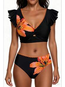 Bikini triangular sexy con estampado moderno, mangas cortas con volantes, traje de baño de dos piezas sin tirantes para mujer en la playa. - Negro - Ver 6