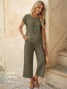 Conjunto de 2 piezas de pantalones y blusa de manga corta con cuello redondo de unicolor para mujer, conjunto de pantalones de verano casual - Verde militar - Ver 11