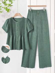 Conjunto de camisa holgada con pliegues y pantalones de pierna ancha con estampado todo sobre todo, adecuado para primavera, verano y otoño - Verde - Ver 1