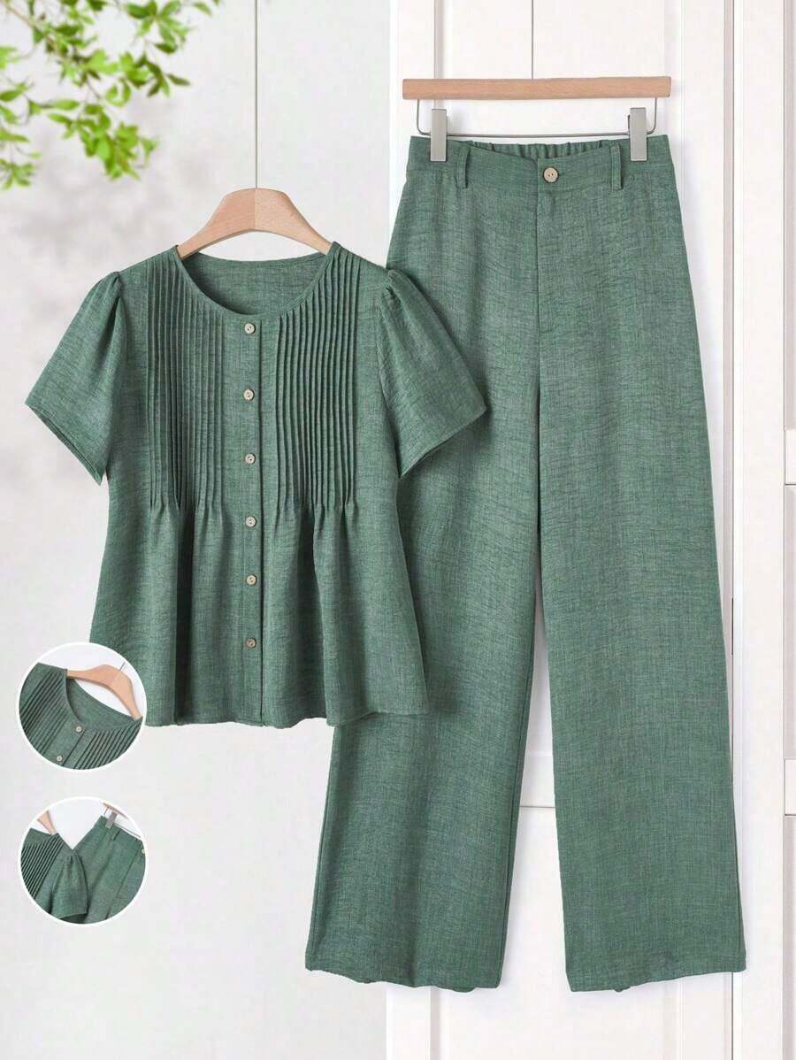 Conjunto de camisa holgada con pliegues y pantalones de pierna ancha con estampado todo sobre todo, adecuado para primavera, verano y otoño - Verde - Ver 1