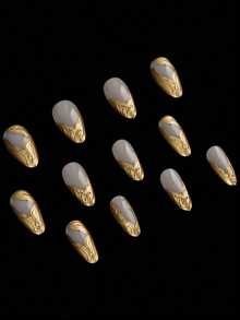 Y2K Style Instantly Upgrade Your Look! 24pcs Set Street Minimalist Casual Daily Personalized Cool Extremely Simple Nordic Silver Asymmetric Metal Line Crystal Decor 3D Metal Cross White French Almond Shaped Press-On Fake Nails, Suitable For Stylish And Cool Girls And Ladies Nail Art Supplies. - Vàng - Xem 4