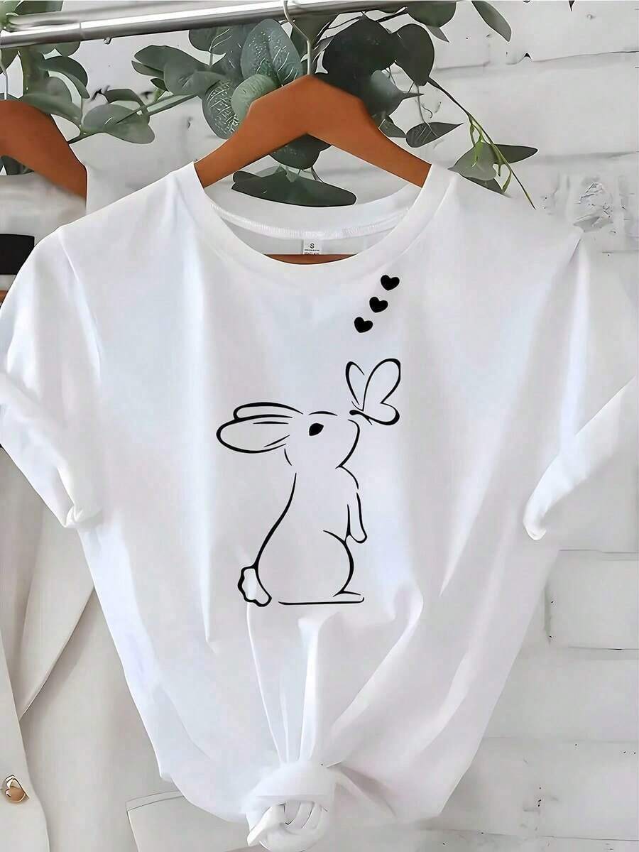 1 pieza de blusa de manga corta para mujer estilo Pascua |   Camiseta con Estampado de Conejito Besando una Mariposa, 180g, Versión Regular, Elástica y Cómoda, Transpirable y Suave, Casual de Verano, Adecuada para Viajes Diarios o Fitness, 180g Algodón 100% - Blanco - Ver 1