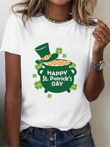 100% Pure Cotton Fashionable Women's Sports T-Shirt With Irish Shamrock Print And Gold Pattern, Round Neck, Short Sleeve, Comfortable, Sports T-Shirt For St. Patrick's Day, T-Shirt To Celebrate St. Patrick's Day Anniversary. - 白色 - 查看 1