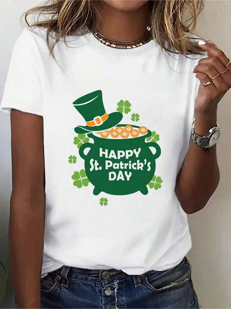 100% Pure Cotton Fashionable Women's Sports T-Shirt With Irish Shamrock Print And Gold Pattern, Round Neck, Short Sleeve, Comfortable, Sports T-Shirt For St. Patrick's Day, T-Shirt To Celebrate St. Patrick's Day Anniversary. - 白色 - 查看 1