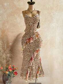 Vestido de verano/primavera casual para vacaciones, boda en la playa, invitado de boda, graduación, brunch, elegante vestido bohemio tropical con volantes, voluminoso, estampado de leopardo, diseño espalda descubierta - Multicolor 2 - Ver 8
