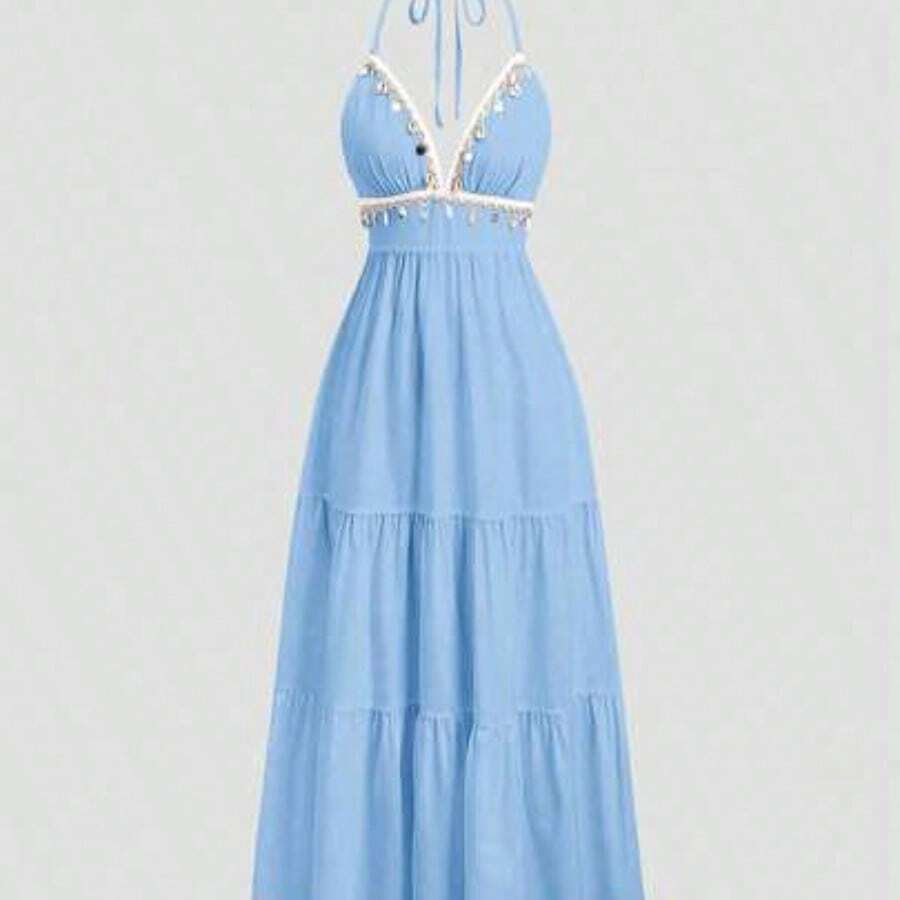 Nana's Women's Clothing Store Vestido informal de vacaciones con encaje bordado y espalda descubierta con cordones en línea A - Azul - Ver 1
