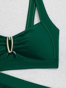 jeederkim Nuevo top de bikini de verano para mujer con decoración metálica, falda mini transparente a juego, adecuado para usar en la playa y de vacaciones - Verde Oscuro - Ver 9