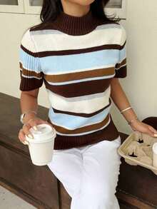 Blusa de punto de cuello alto de manga corta de unicolor para mujer, marrón oscuro, para todas las estaciones - Multicolor - Ver 6