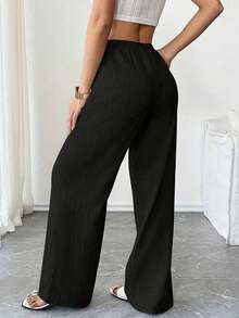 Pantalones anchos de mujer de unicolor versátiles y casuales - Negro - Ver 2