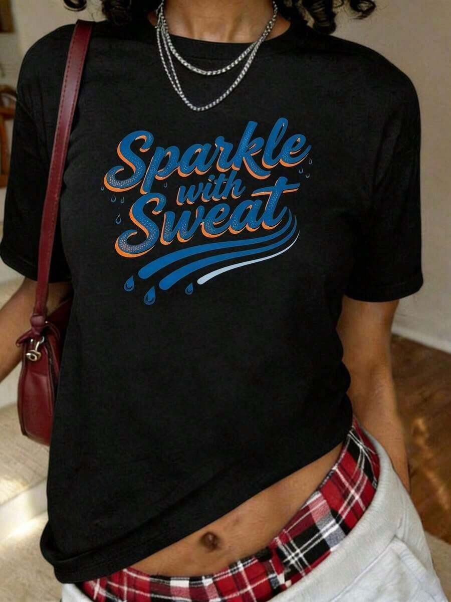 Camiseta con Estampado 'Sparkle With Sweat', Manga Corta, Cuello Redondo, Estilo Casual para Verano y Primavera, Ropa de Mujer - Negro - Ver 1