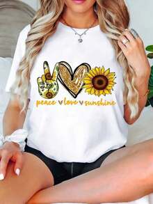 Women's Sunflower Print T-Shirt, Summer Fashion For Women, Casual, Comfortable And Soft, For Outdoor Sports And Fitness, Round Neck, Short Sleeve, 100% Cotton - 白色 - 查看 3