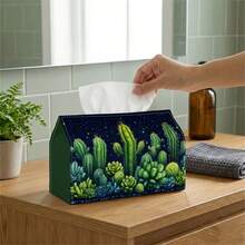 1pc Cactus Pattern Paper Towel Box With Starry Sky Background, Portable Tissue Holder Suitable For Living Room, Bedroom, Kitchen Tabletop Decor, Durable & Foldable - Multicolor - View 6