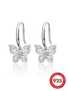 925 Sterling Silver Cubic Zirconia Butterfly Pendant Earrings, Hypoallergenic, Elegant For Daily Wear, Birthday Gift - Silver - View 1
