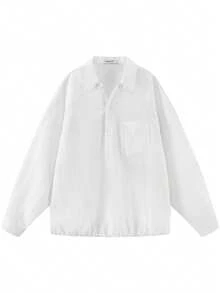 Camisa de lino para hombre con media cartera y botones, manga raglán suelta y transpirable, casual - Blanco - Ver 6