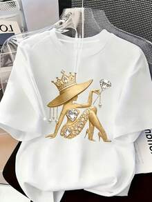 Camiseta de cuello redondo% algodón con estampado de chica con diamantes dorados, estilo casual deportivo para mujer, adecuada para primavera y verano, de manga corta, se puede usar en todas las estaciones. Perfecta para usar en capas en primavera y otoño o como prenda individual en verano. Estilo unisex, para amigas. Camiseta de algodón de alta calidad con un toque moderno de marca. - Blanco - Ver 1