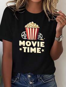 Camiseta cómoda de algodón puro para mujer Cinema Time Popcorn, blusa casual para mujer - Negro - Ver 7