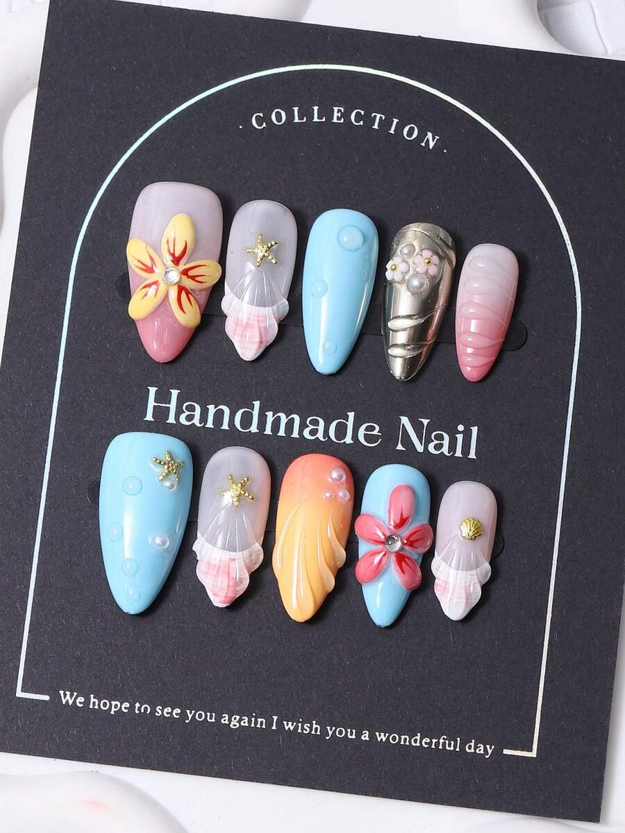 10pcs/Set Handmade Press On Almond Nail Tips In Y2K Multi Color French & 3D Engraved Design. Hand Painted Gradient Design. 1 Piece Of Jelly Gel And 1 Nail File. Suitable For Daily Life And Party Nail Care Supplies. - Multicolor - View 1