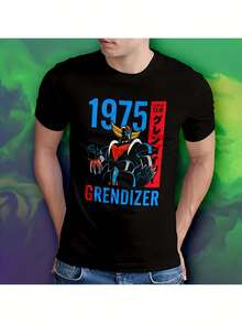 Camiseta Unisex de Anime Grendizer 1975 - Camiseta Vintage con Gráfico de Traje de Robot OVNI y Logotipo, Camiseta Clásica Retro de Manga Corta y Cuello Redondo, Ropa Casual para Fans - Negro - Ver 1