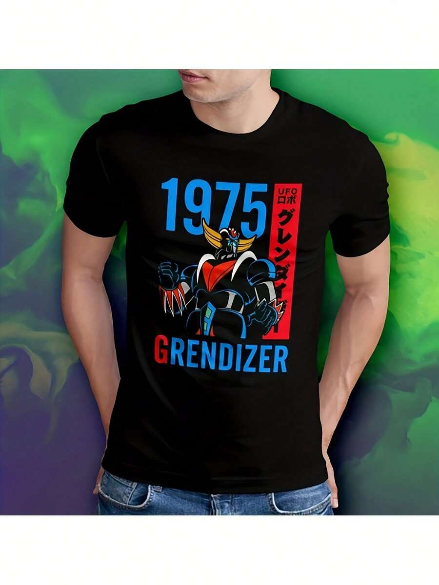 Camiseta Unisex de Anime Grendizer 1975 - Camiseta Vintage con Gráfico de Traje de Robot OVNI y Logotipo, Camiseta Clásica Retro de Manga Corta y Cuello Redondo, Ropa Casual para Fans - Negro - Ver 1