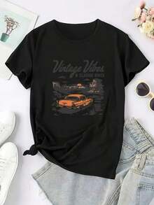 Women's Casual Crew Neck Sports T-Shirt With Classic Car Print And Retro Style - Short Sleeve T-Shirt, Fashion Y2K, Comfortable For All Seasons, Machine Washable, Garment Made Of High-Quality Fabric - 黑色 - 查看 2