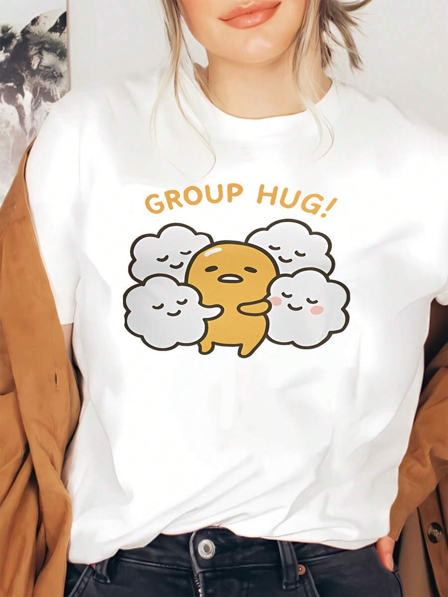 Camiseta de Mujer - Huevo relajado Verde Oscuro, Camiseta Casual Japonesa Suave y Elástica para Fans de y Amantes del Kawaii, Merchandising Divertido con Gráfico, Tela No TransparenteDaily Casual Round Neck Short Sleeve-Shirt Women - Blanco - Ver 1