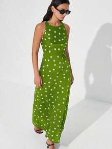 Vestido maxi elegante y sofisticado de estilo vintage francés para mujer, con diseño asimétrico, cuello redondo, sin mangas, de tela de acetato satinada con estampado de lunares y bloques de color, versátil y apropiado para el trabajo - Verde - Ver 1