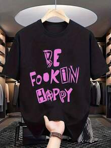 1 pieza de camiseta gráfica  Be Fookin Happy - Base negra con fuente rosa en negrita, camiseta unisex preencogida de tela gruesa - Camiseta de estilo urbano moderno, adecuada para conciertos y uso casual diario - Camiseta de cuello redondo lavable a máquina, ropa para exteriores, 180g de algodón 100%. - Negro - Ver 8