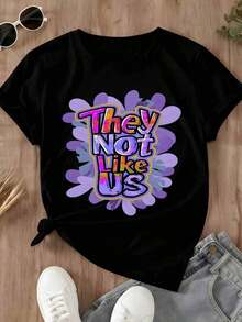 Camiseta de manga corta para mujer con estampado floral colorido, estilo casual, ropa de calle, top de moda, conjunto de verano, camiseta gráfica. - Negro - Ver 3