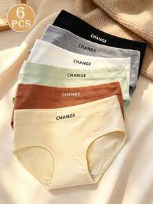 6 piezas de bragas triangulares para mujer, cómodas bragas de cintura media con diseño de letras de unicolor, sin costuras - Multicolor - Ver 1