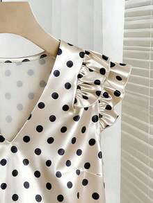 Blusa elegante de mujer con cuello en V y lunares, adecuada para cumpleaños, fiestas, bodas, San Valentín, citas, ir al trabajo y uso diario, con diseño de bajo con volantes.Blusas de mujer con cuello en V, tops casuales de negocios, camisa y to - Albaricoque - Ver 4