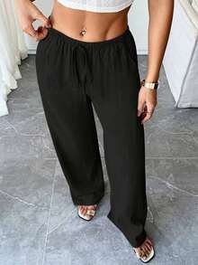 Pantalones anchos de mujer de unicolor versátiles y casuales - Negro - Ver 5