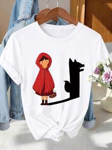 Camiseta Casual de Vacaciones para Mujer, Camiseta con Estampado de Caperucita Roja, Lobo Sombra y Cuento de Hadas Oscura, Manga Corta y Cuello Redondo, Adecuada para Primavera y Verano, Regalo Ideal para Cumpleaños o Fiestas, Camiseta Casual para el Trabajo, Camiseta Minimalista Estampada de Manga Corta para Oficina y Otoño. - Blanco - Ver 12