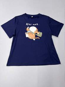 Camiseta casual con estampado de gato para mujer de talla grande, adecuada para uso diario, salidas, vacaciones, verano, fiestas en la playa, festivales de música, vacaciones y otros eventos.Color: Negro - Azul marino - Ver 2