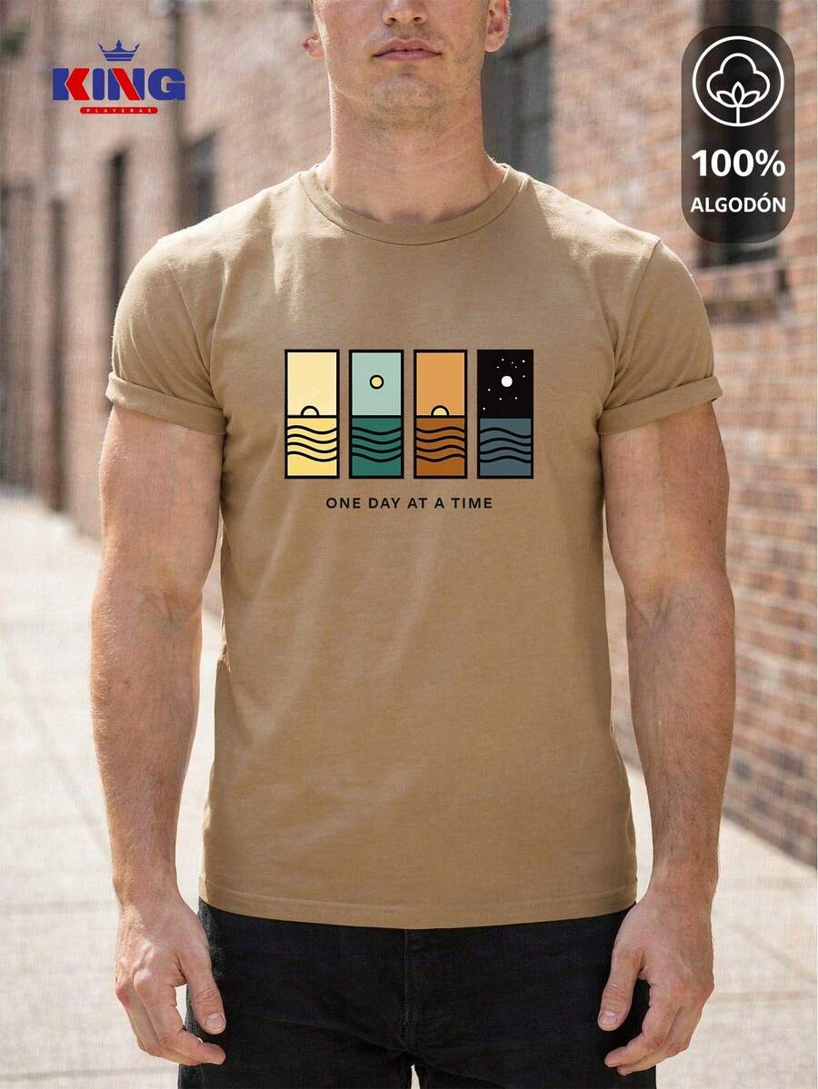 King T-shirt Playera 100% algodón de excelente calidad, esta playera garantiza una suavidad excepcional al tacto, cuello redondo con estampado "One Day At A Time Landscape Panels" y manga corta - Caqui - Ver 1