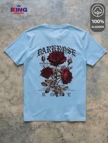 King T-shirt Playera 100% algodón de excelente calidad, esta playera garantiza una suavidad excepcional al tacto, cuello redondo con estampado "Dark Rose Gothic Floral" y manga corta - Celeste - Ver 2