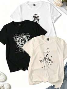 Conjunto de 3 piezas de camiseta casual de manga corta con cuello redondo y estampado de fe/cósmico, talla grande para mujer, para el veranonacional envio mujer,blusas para mujer>manga largo - Blanco - Ver 1
