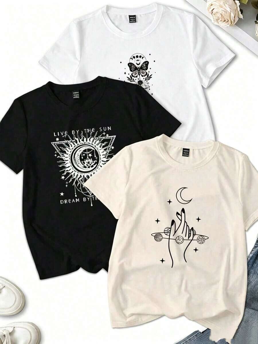 Conjunto de 3 piezas de camiseta casual de manga corta con cuello redondo y estampado de fe/cósmico, talla grande para mujer, para el veranonacional envio mujer,blusas para mujer>manga largo - Blanco - Ver 1