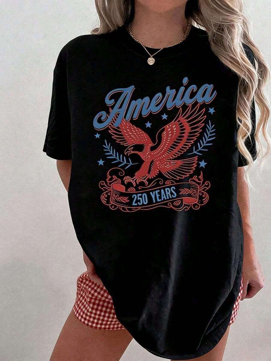 Respirable 1 camiseta Patriótica con diseño de águila, camiseta de EE. UU. , camisetas del 250º aniversario de Estados Unidos, camiseta del 4 de julio, camiseta retro de EE. UU. , semicentenario, camisetas gráficas unisex, camiseta divertida, 200g 100% algodón. , blusas elegantes dama, ropa deportiva de mujer,  mujer - Negro - Ver 1