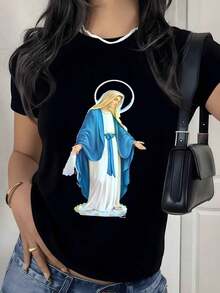ropa de mujer Camiseta con estampado gráfico religioso de la Virgen María 1 pieza Arte espiritual Camiseta casual de mujer 100% algodón Estilo vintage de fe camisas de mujer - Negro - Ver 1